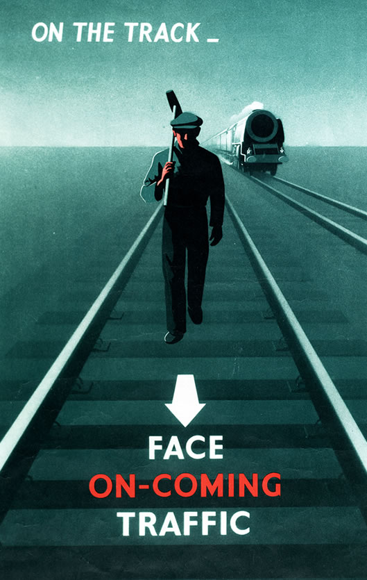 Poster depicting railway worker with his back to traffic