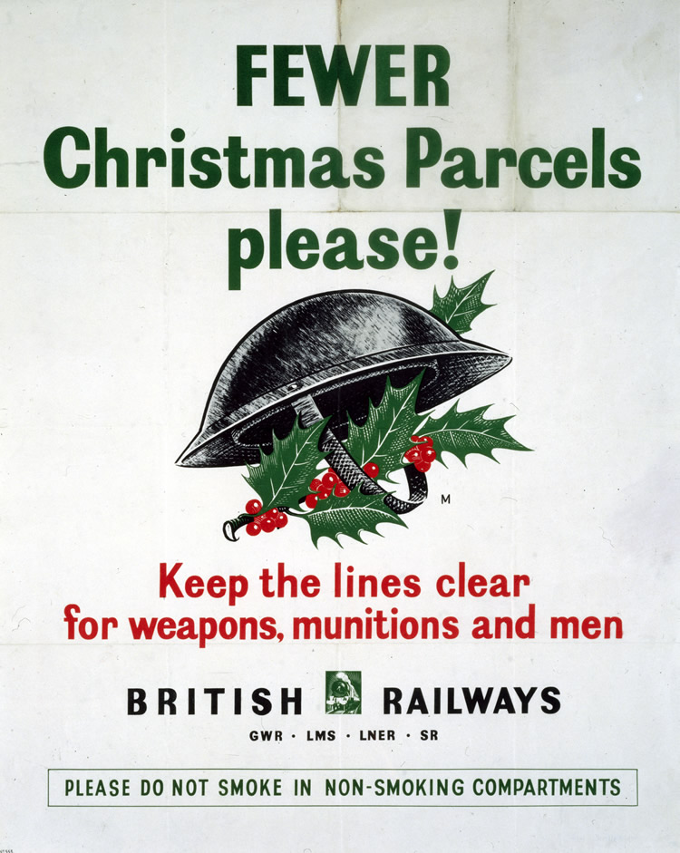 Poster produced for Great Western Railway (GWR), London, Midland & Scottish Railway (LMS), London & North Eastern Railway (LNER) and Southern Railway (SR) to remind customers that the transportation of weapons, munitions and servicemen had to take priority over the delivery of Christmas parcels. (Img ref: 10175007)