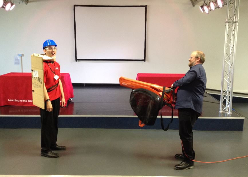 Shaun with his leaf blower and Phil with a beta version of the 'kite'