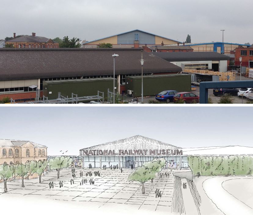 The current view of the National Railway Museum as from the walkway from the Station.