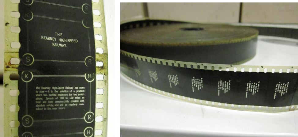 These pictures are from the nitrate film found in the collection “The Kearney High Speed railway”. You can see that the film is a bit yellow compare to the previous acetate example and quite dirty, also there is no mention of “nitrate” on the film edges.