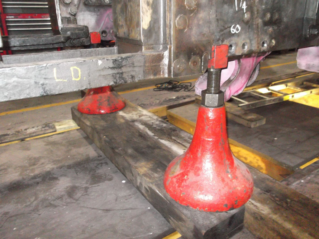 The centre of the loco frames are supported by jacks.