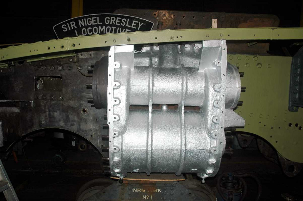 The left-hand cylinder casting has received a coat of high-temperature primer