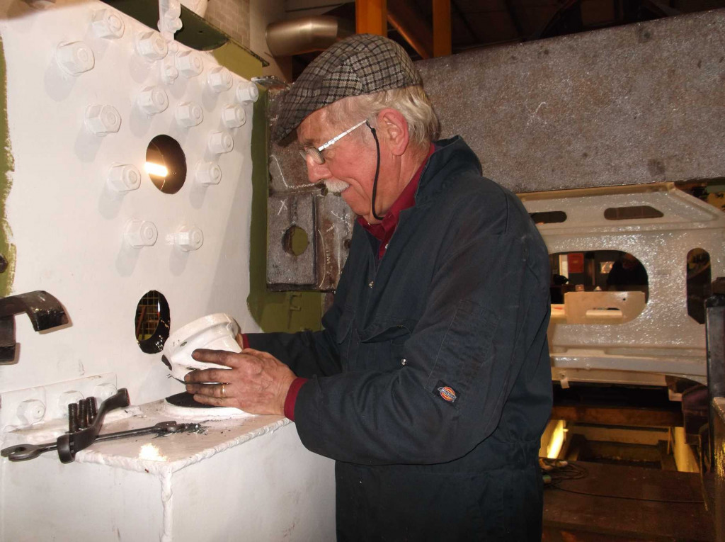 Bob Shearman has fitted new gaskets to the steam sandbox top flanges. The filler pipes with new packings are being refitted. The left-hand pipe was refitted this week.