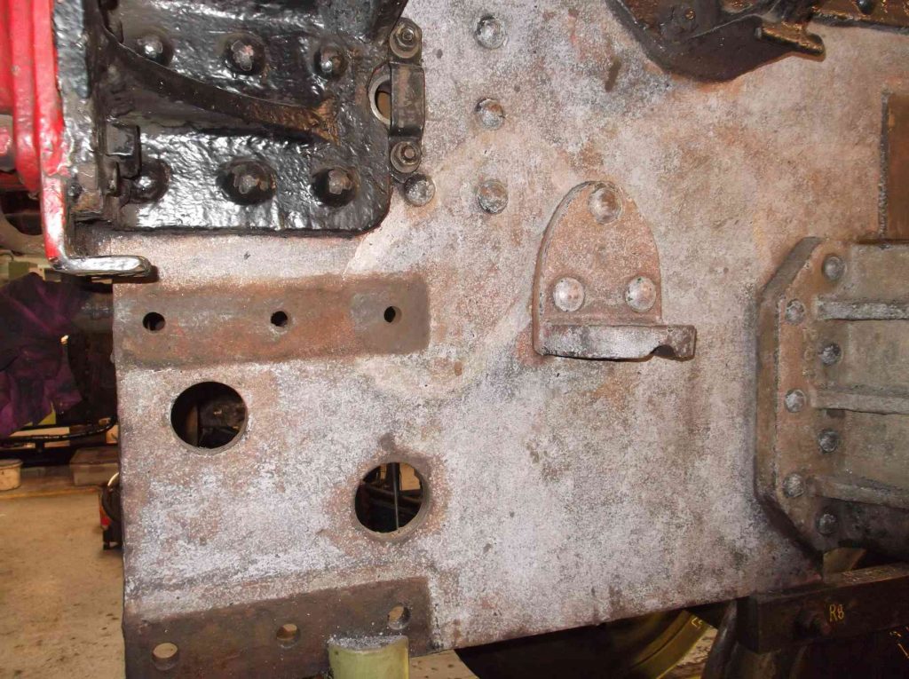 Close-up view of the trailing right of the tender frames of locomotive Sir Nigel Gresley.