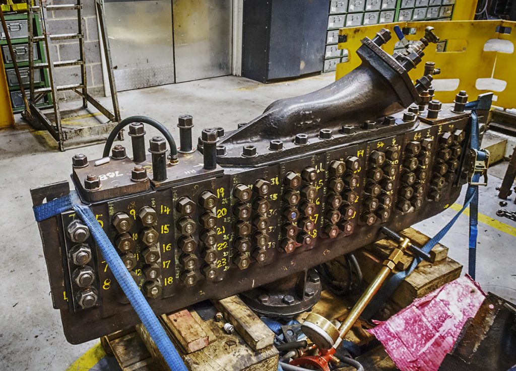 The superheater header from locomotive Sir Nigel Gresley ready for testing.