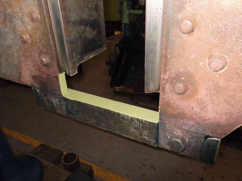 The left trailing tender hornstay on locomotive Sir Nigel Gresley