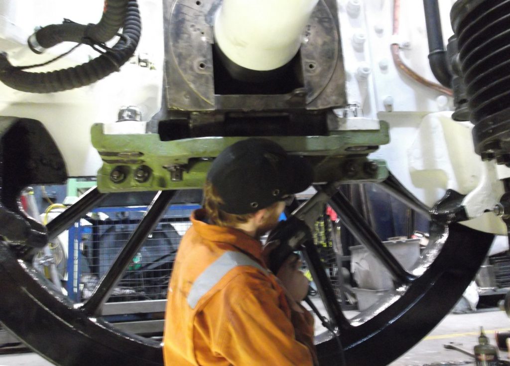 The new horizontal hornstay bolts are being fitted