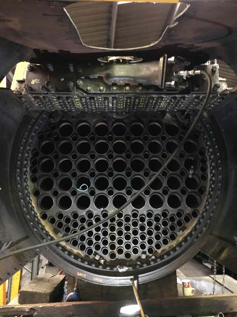 View inside a locomotive boiler.