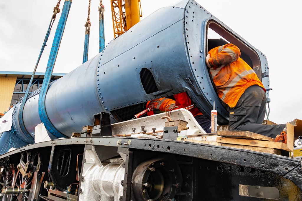 The boiler is lifted to allow the smokebox to be sealed
