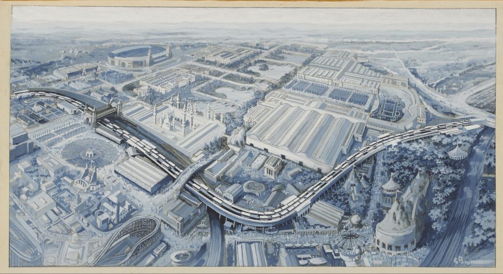 Painting of bird's eye view of the British Empire Exhibition at Wembley 1924