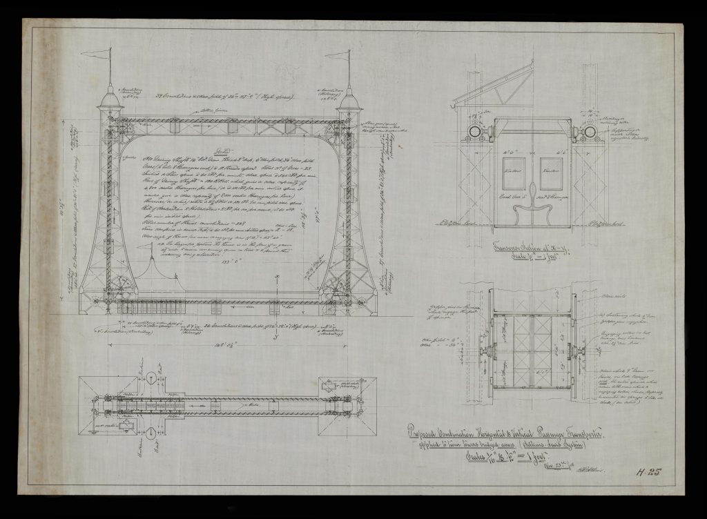 Drawing of horizontal and vertical passenger transportation applied to twin towers bridged across.