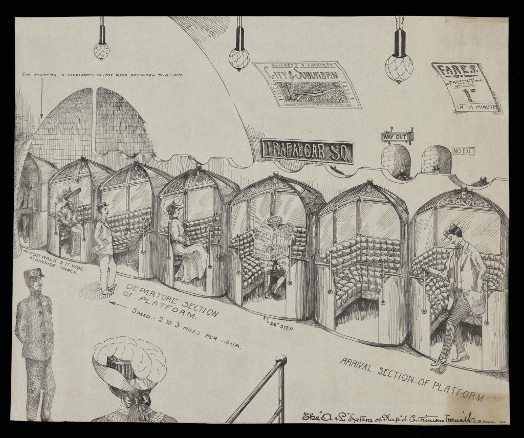 A drawing of an early concept of the Never-Stop Railway 1910