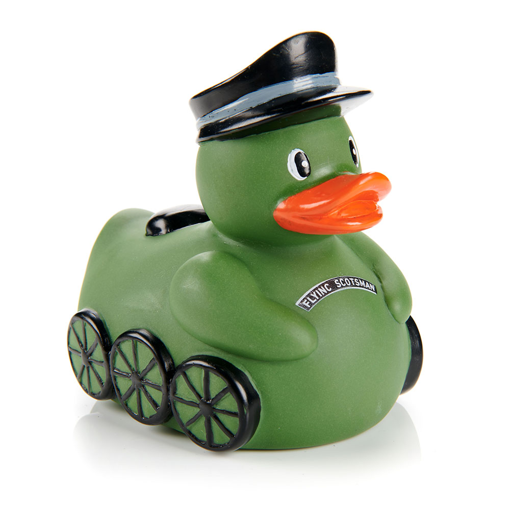 Green rubber duck with black hat