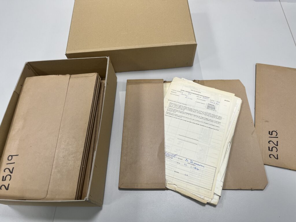 Archive box and files on a desk