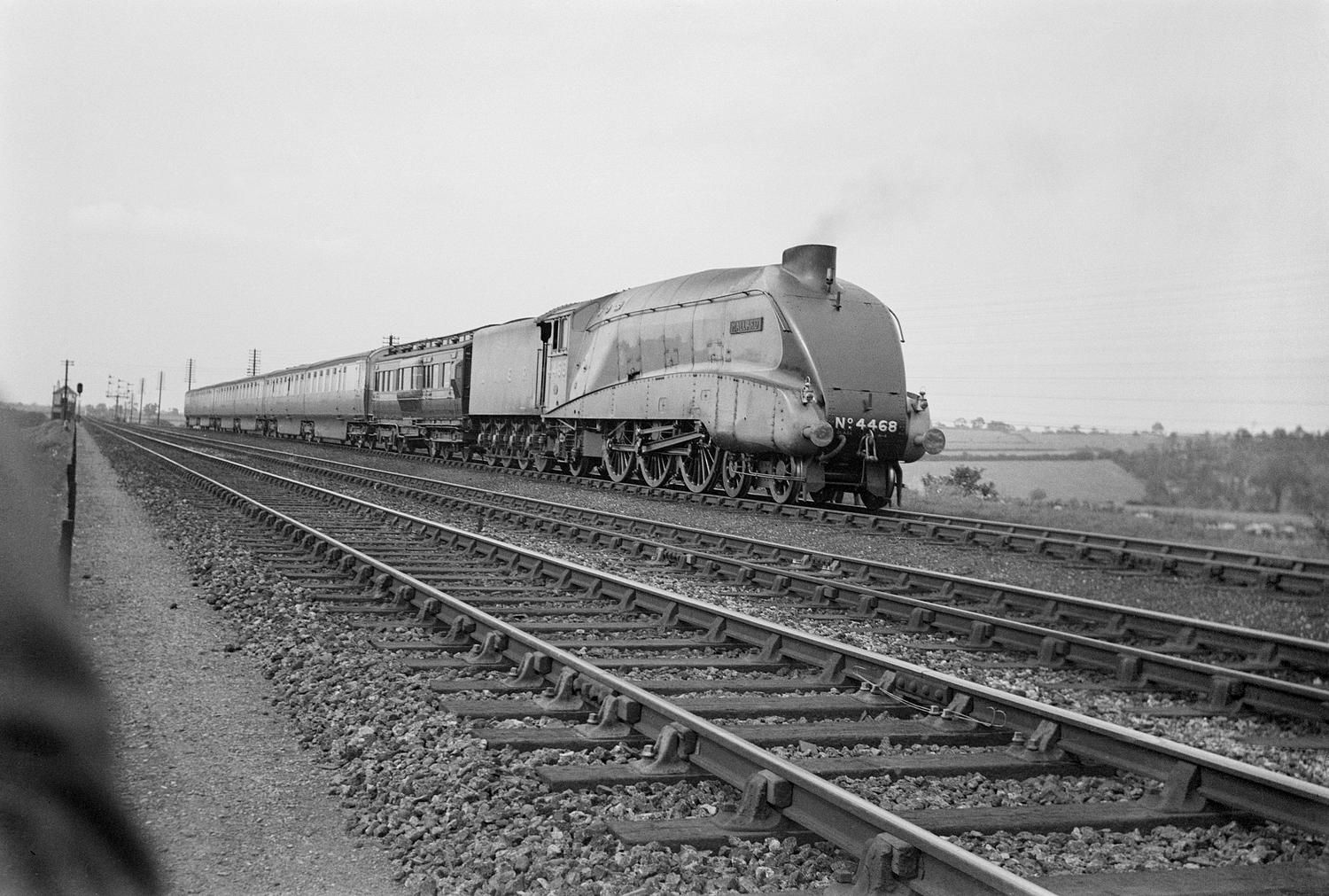 A4 No. 4468 Mallard prepares for its record-breaking run at Barkston Junction, north of Grantham on 3 July 1938.