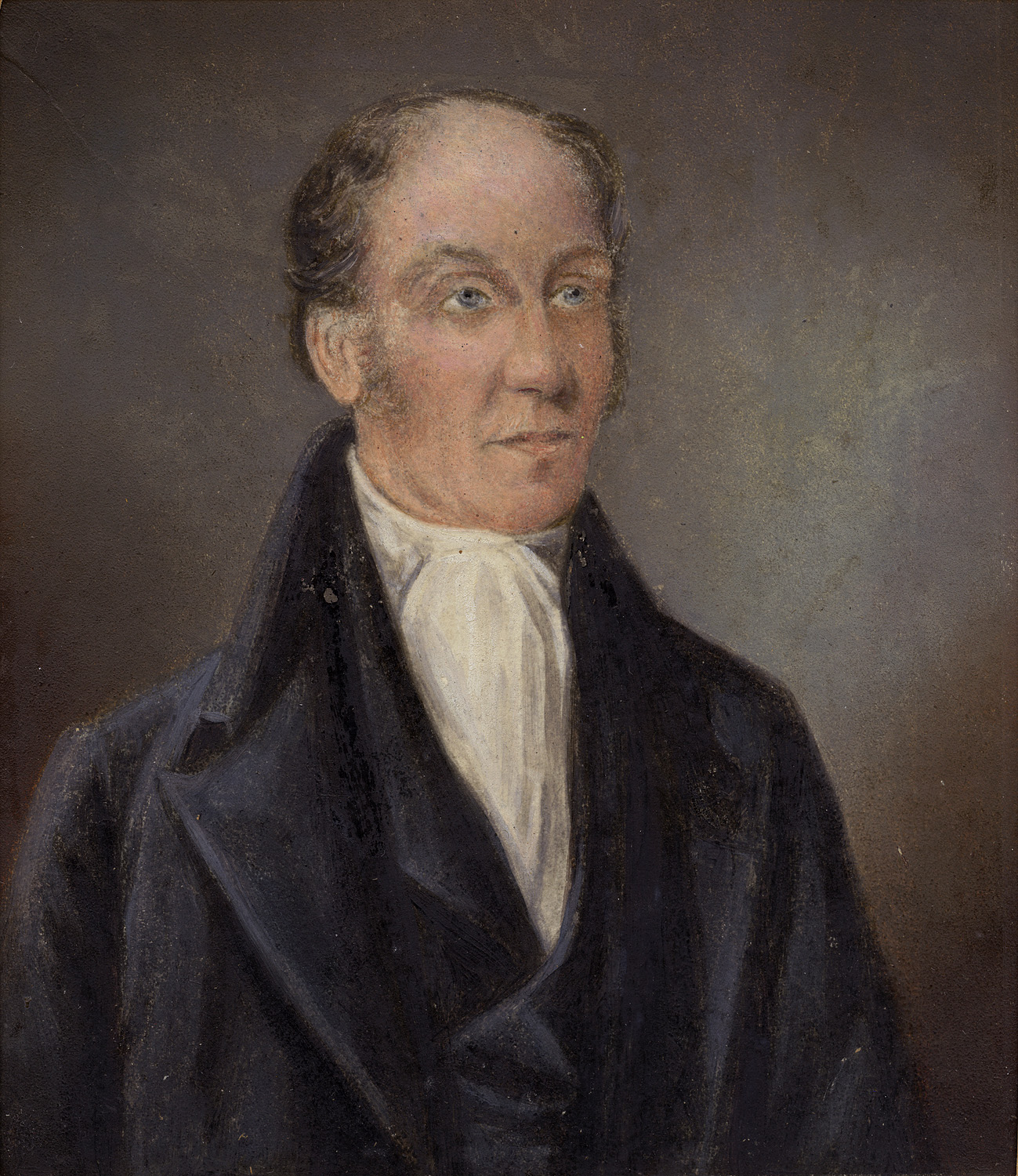 Portrait in watercolours on paper of locomotive engineer Timothy Hackworth.