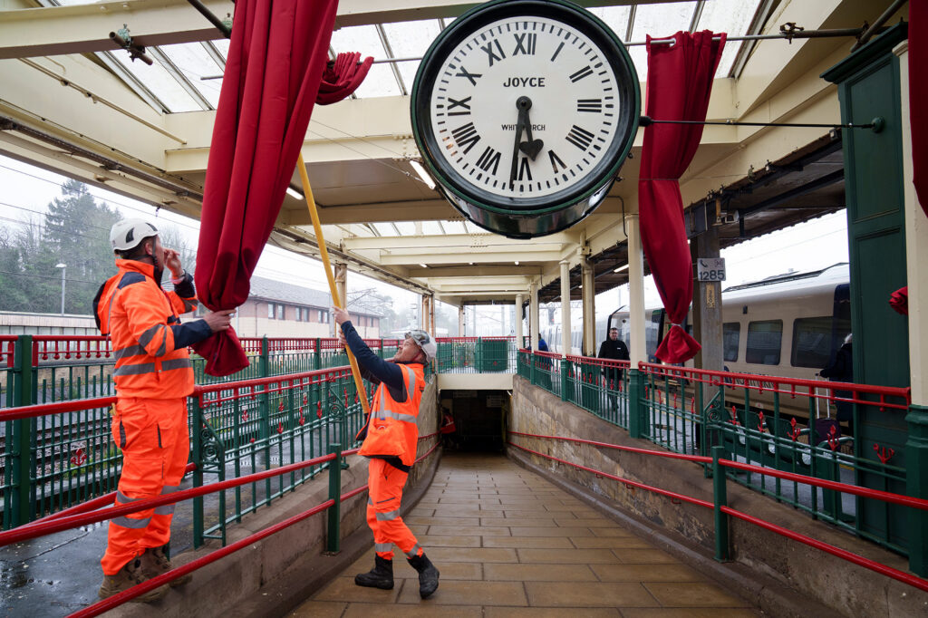 The unveiling of Carnforth Station clock in March 2026. 
